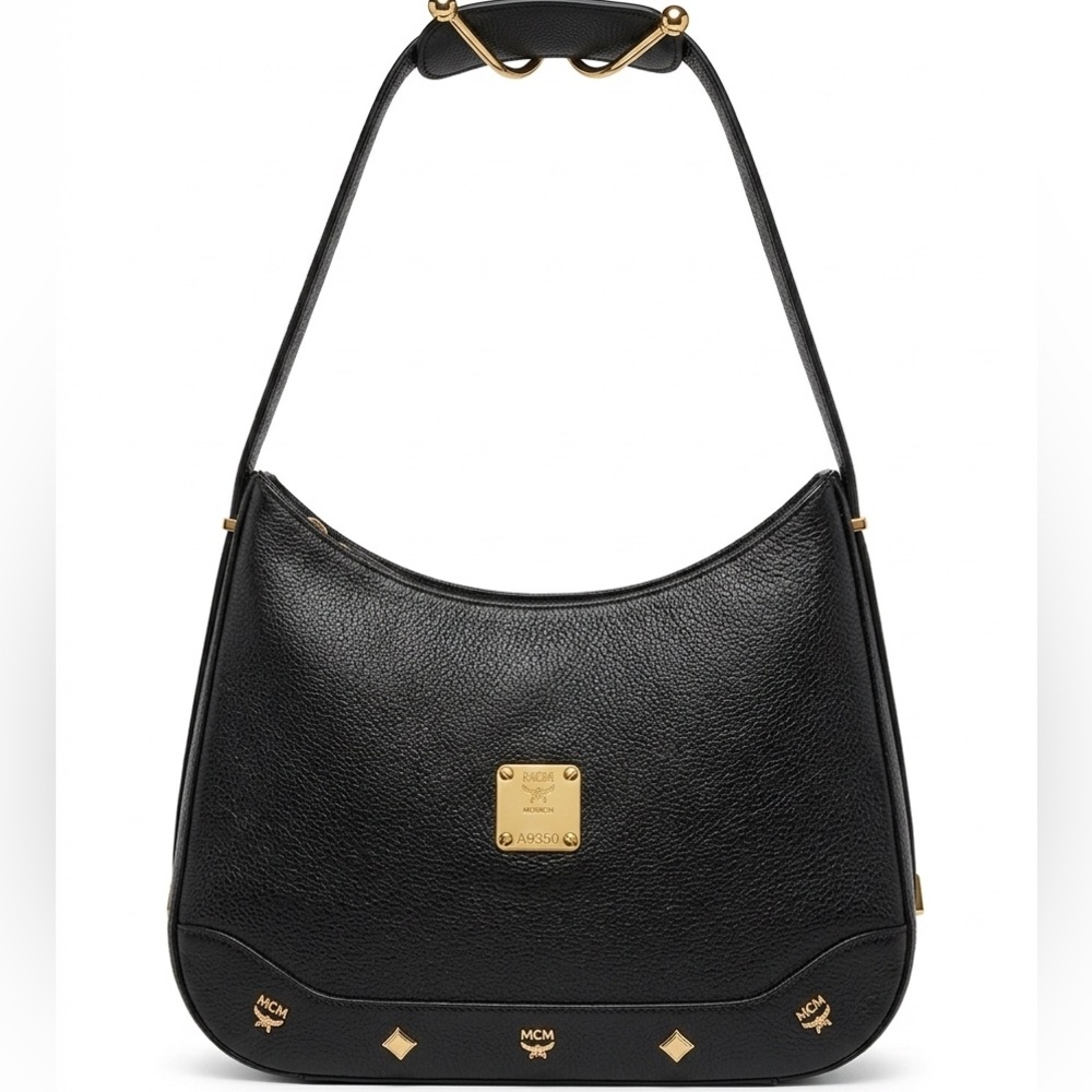 VINTAGE MCM Black Pebbled Leather Hobo Shoulder Bag Gold Studded
